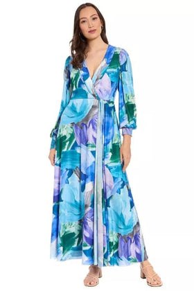 London Times T10398M Blue & Lavender Abstract Floral Long Sleeve Surplice V-Neck Wrap Chiffon Maxi Dress with Sheer Detail