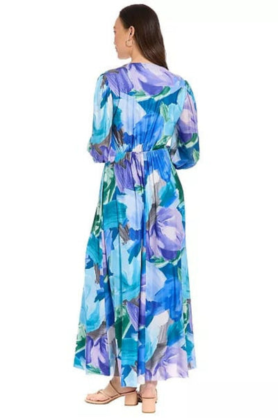 London Times T10398M Blue & Lavender Abstract Floral Long Sleeve Surplice V-Neck Wrap Chiffon Maxi Dress with Sheer Detail