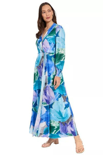 London Times T10398M Blue & Lavender Abstract Floral Long Sleeve Surplice V-Neck Wrap Chiffon Maxi Dress with Sheer Detail