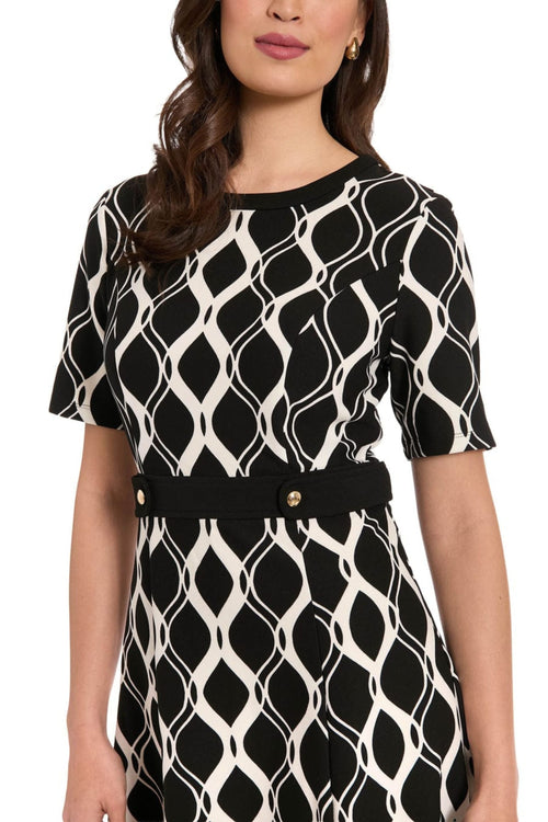 London Times T10466M Geometric Fit-and-Flare Short Sleeve Jewel Neck A-Line Knit Dress with Metallic Finish