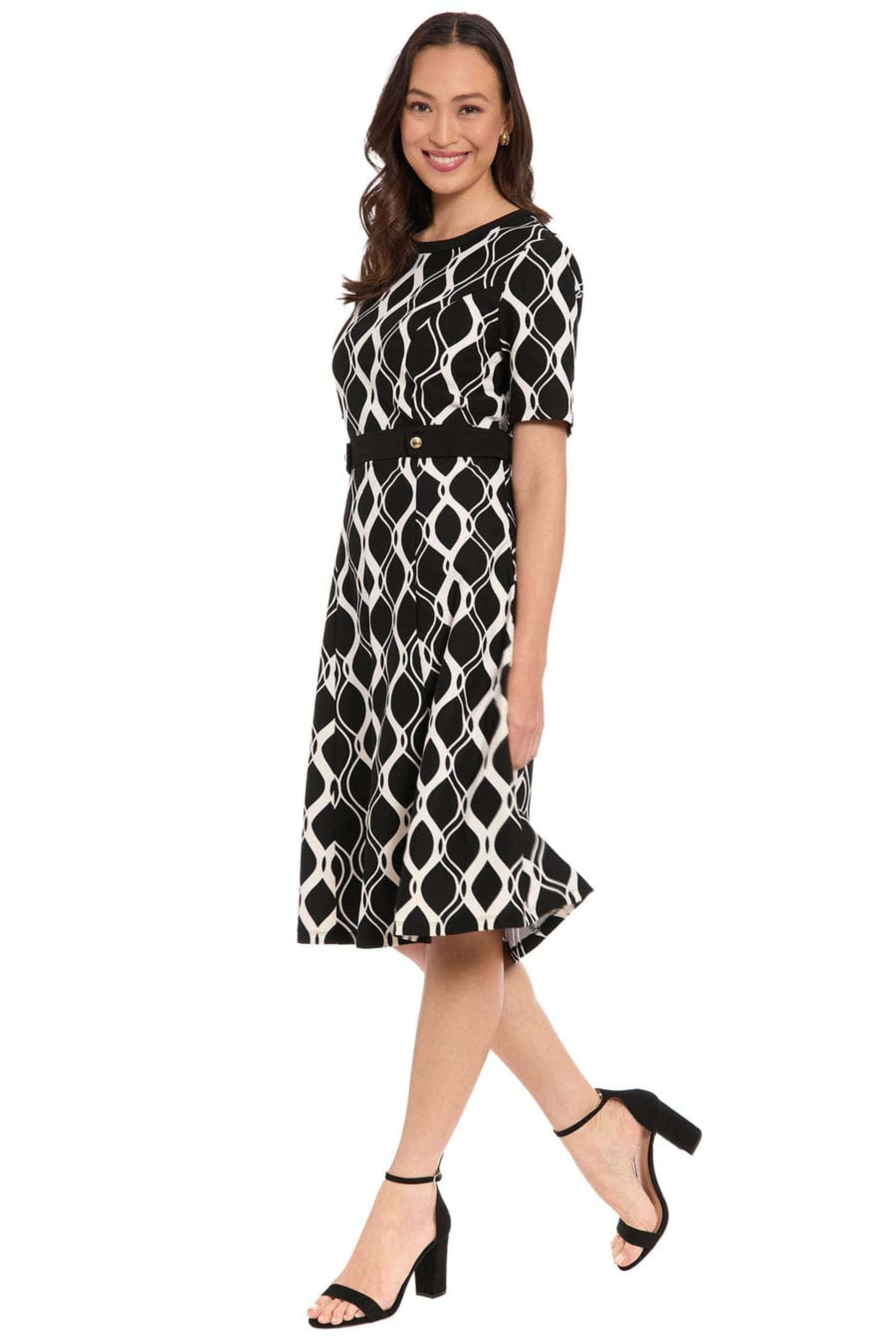London Times T10466M Geometric Fit-and-Flare Short Sleeve Jewel Neck A-Line Knit Dress with Metallic Finish