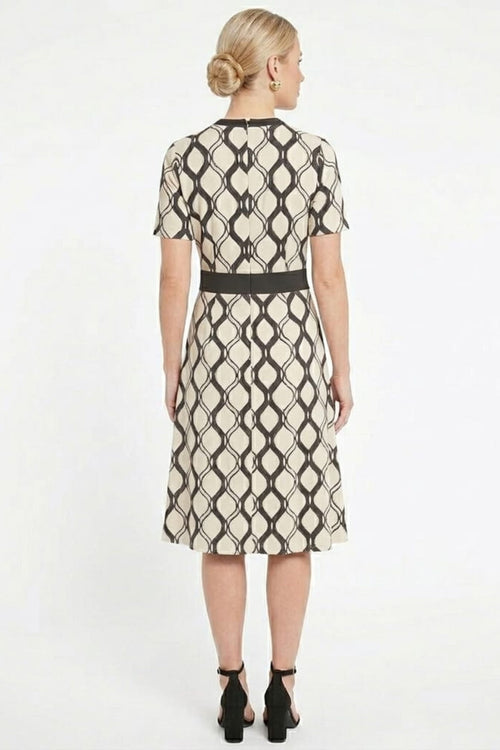 London Times T10466M Geometric Fit-and-Flare Short Sleeve Jewel Neck A-Line Knit Dress with Metallic Finish