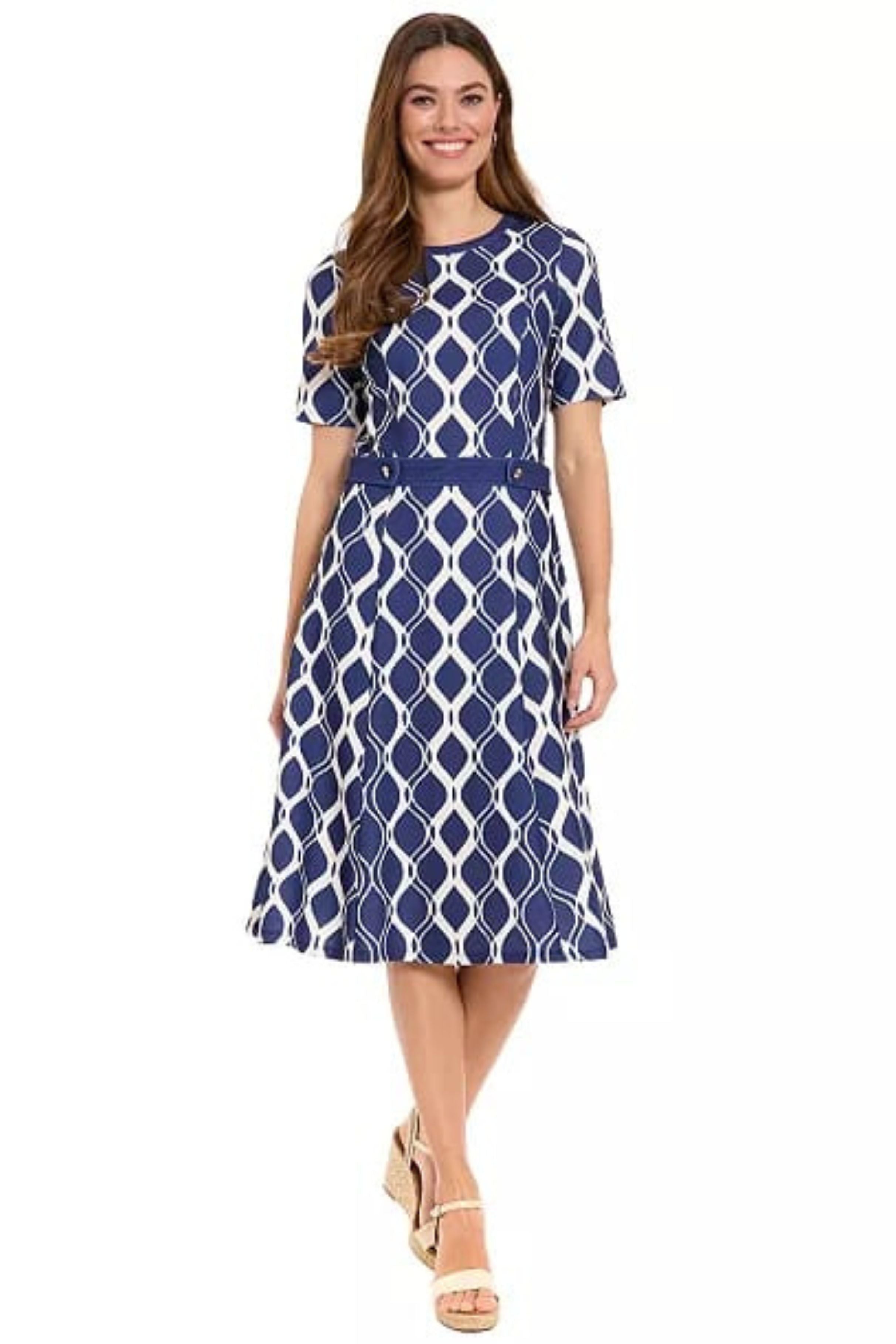 London Times T10466M Geometric Fit-and-Flare Short Sleeve Jewel Neck A-Line Knit Dress with Metallic Finish