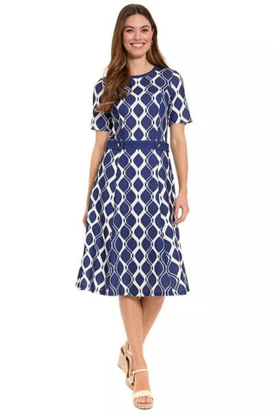 London Times T10466M Geometric Fit-and-Flare Short Sleeve Jewel Neck A-Line Knit Dress with Metallic Finish