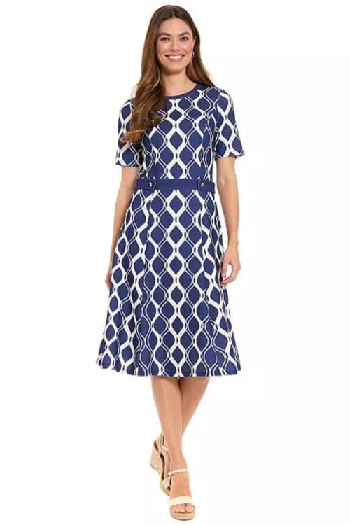 London Times T10466M Geometric Fit-and-Flare Short Sleeve Jewel Neck A-Line Knit Dress with Metallic Finish