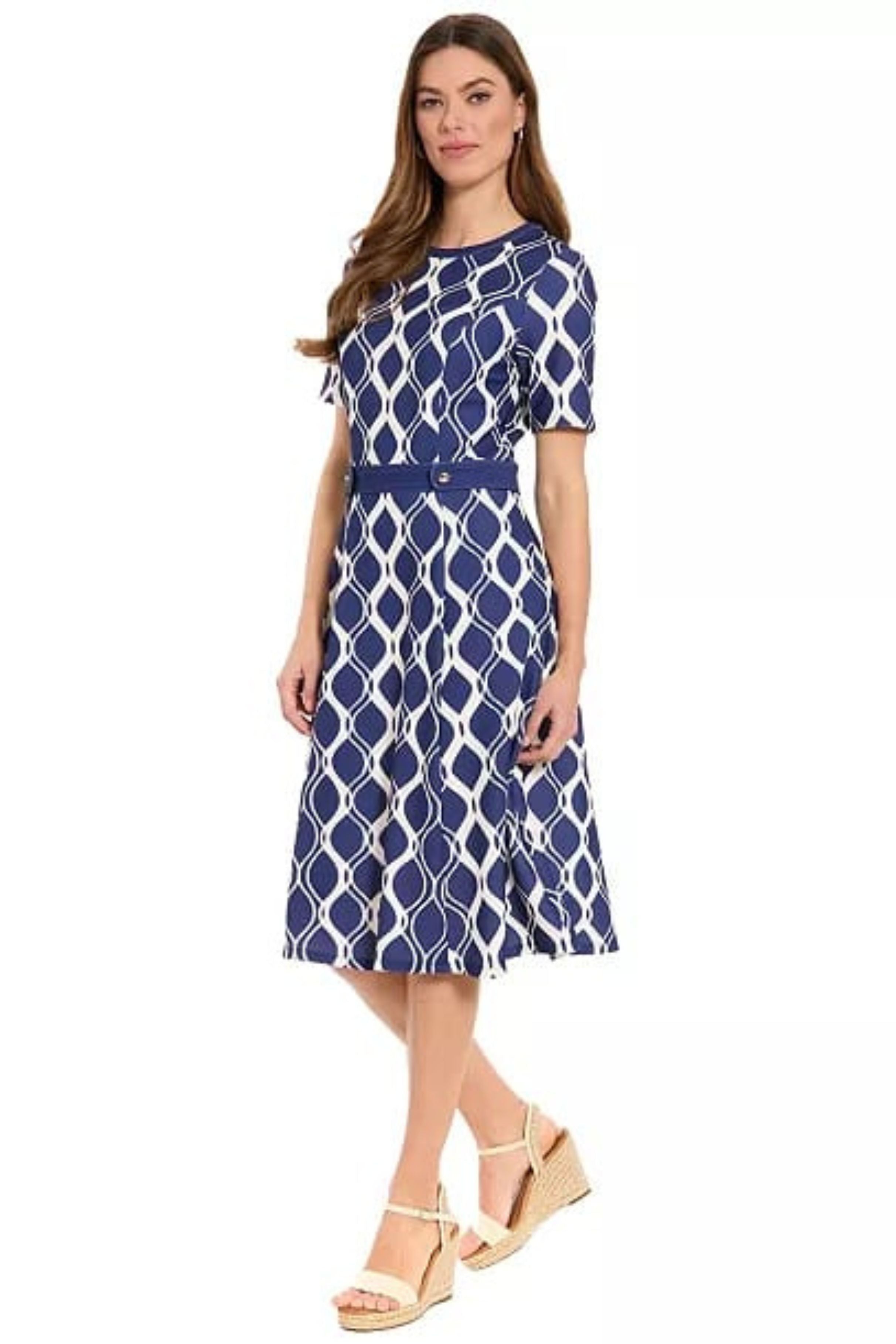 London Times T10466M Geometric Fit-and-Flare Short Sleeve Jewel Neck A-Line Knit Dress with Metallic Finish
