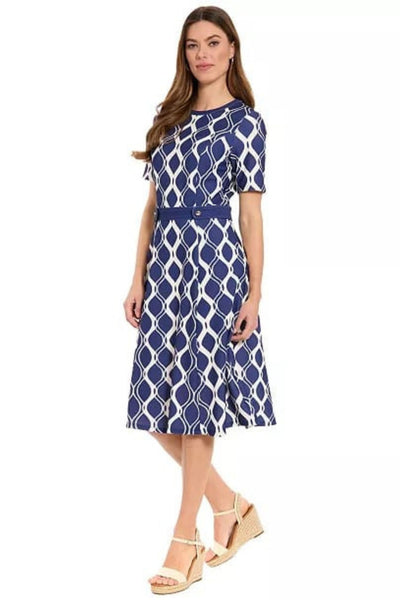 London Times T10466M Geometric Fit-and-Flare Short Sleeve Jewel Neck A-Line Knit Dress with Metallic Finish