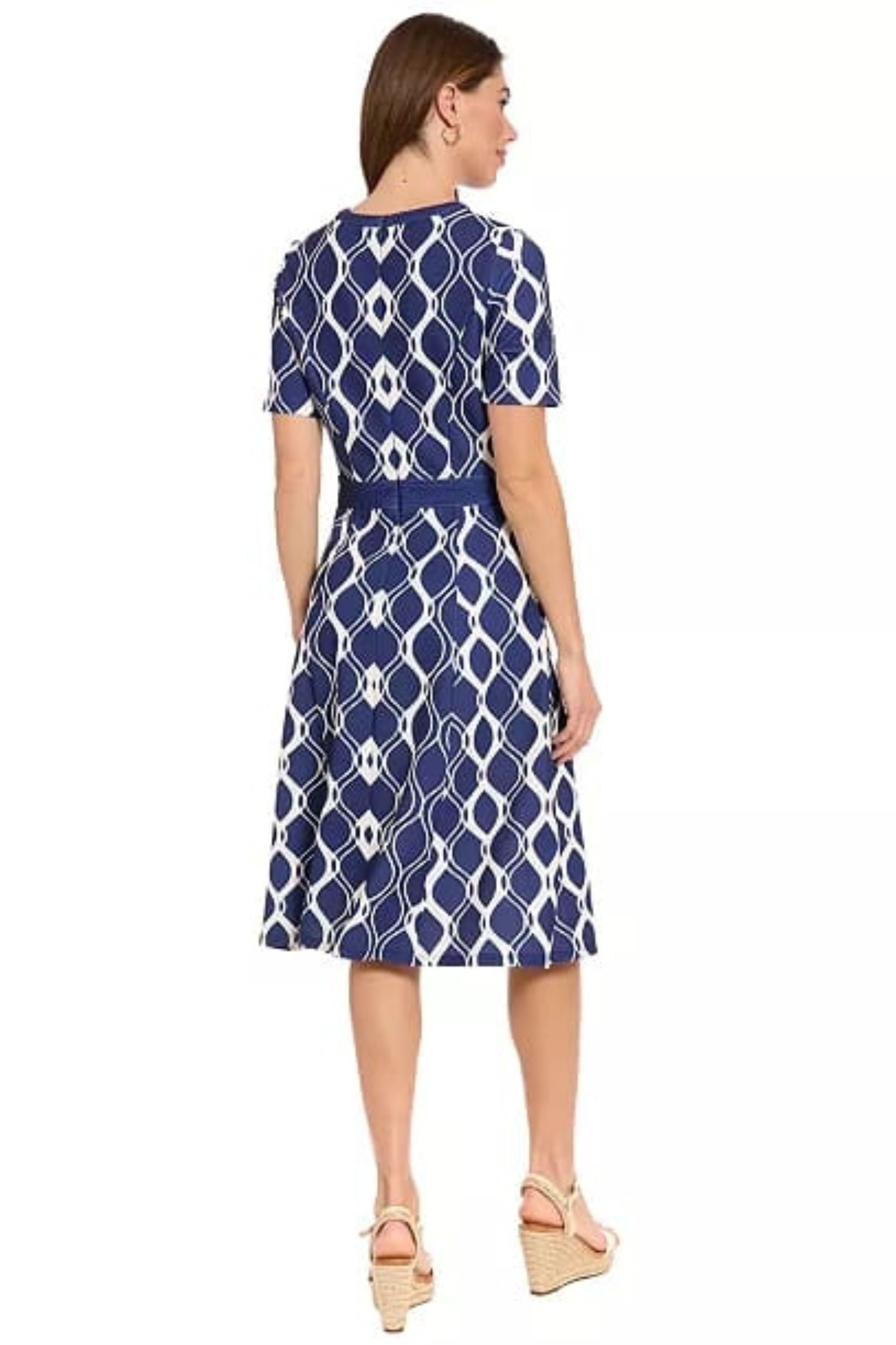 London Times T10466M Geometric Fit-and-Flare Short Sleeve Jewel Neck A-Line Knit Dress with Metallic Finish