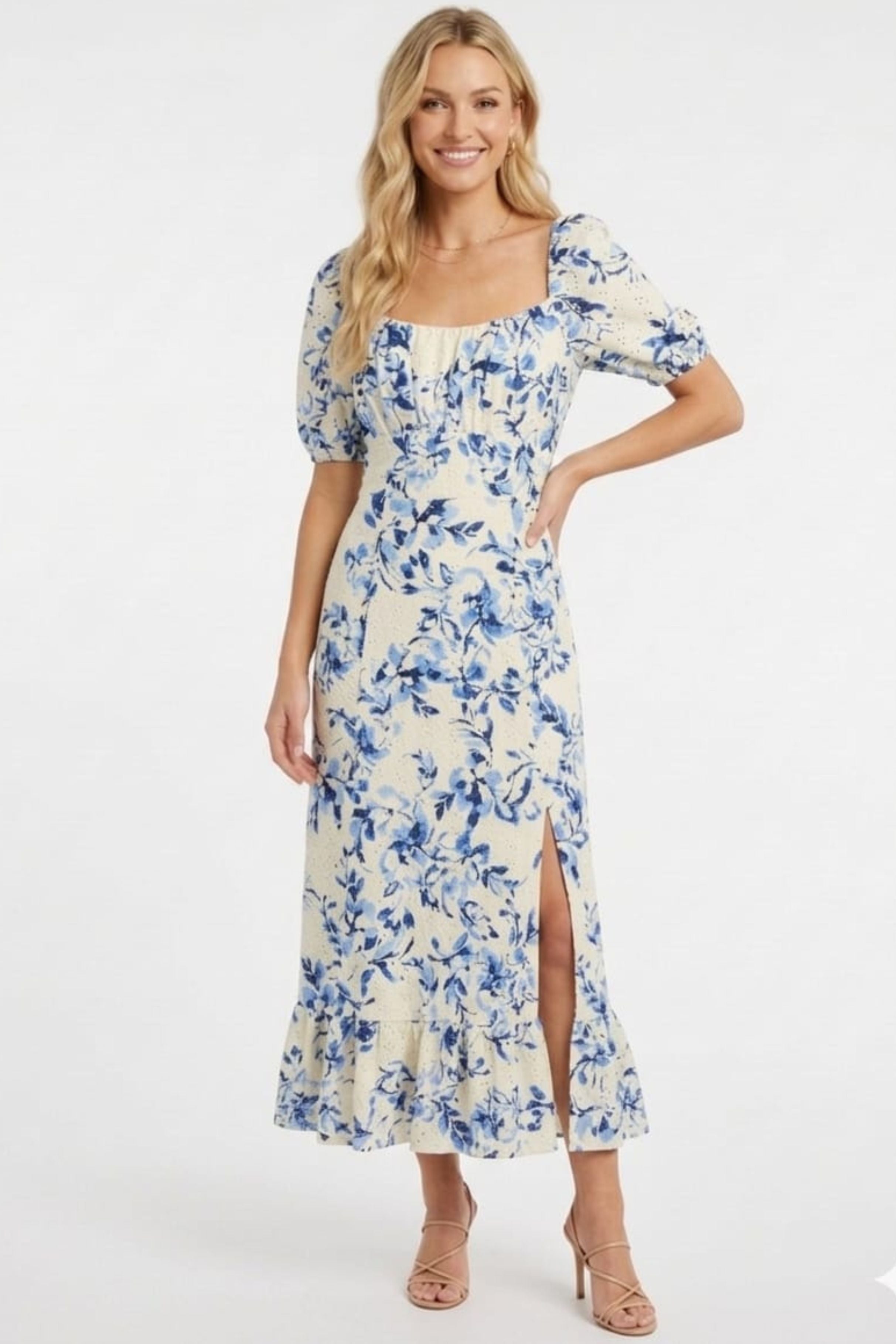 London Times T10471M Ivory Blue Floral Pointelle Puff Sleeve Square Neck A-Line Knit Midi Dress with Slit Detail and Ruffled Detail