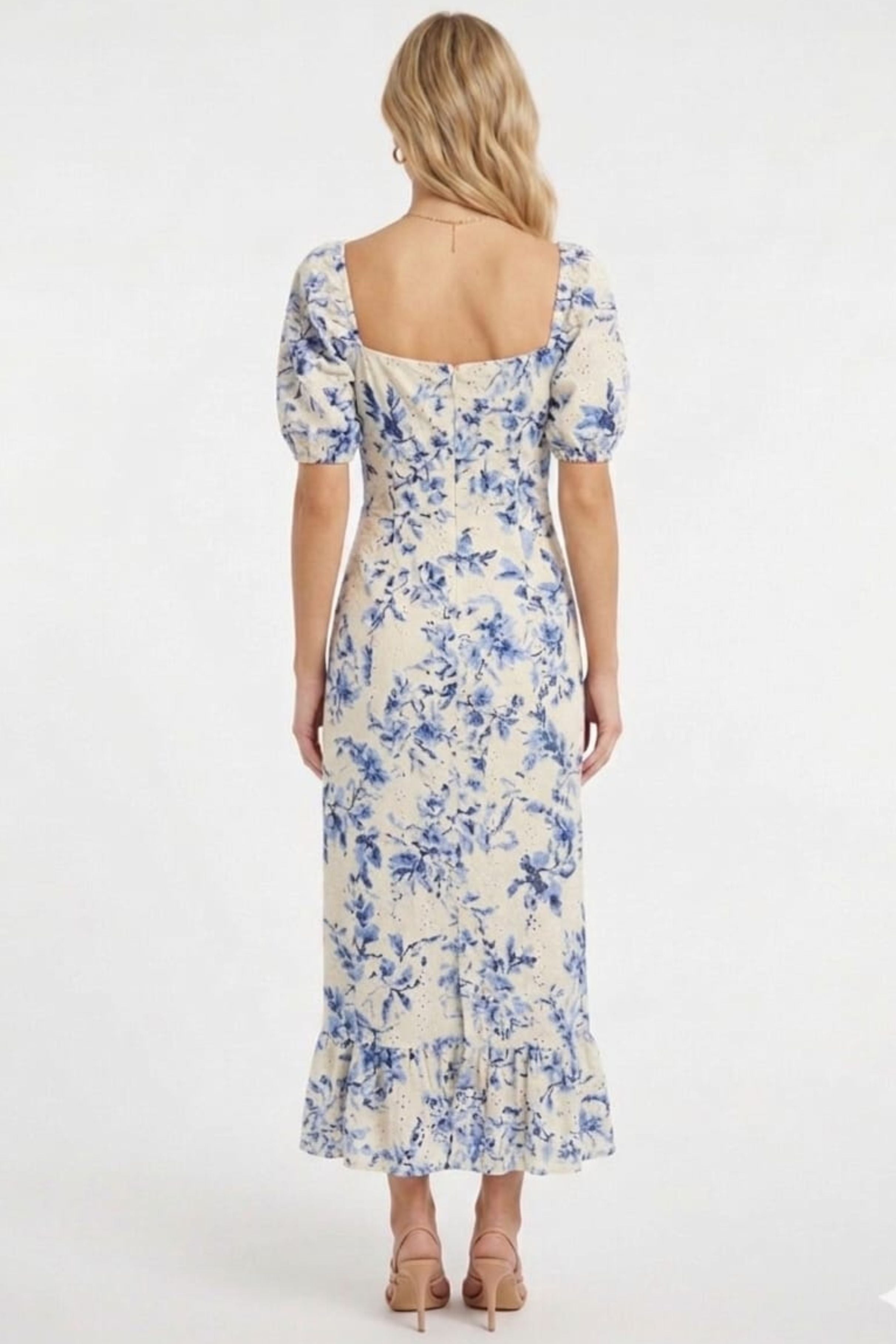 London Times T10471M Ivory Blue Floral Pointelle Puff Sleeve Square Neck A-Line Knit Midi Dress with Slit Detail and Ruffled Detail