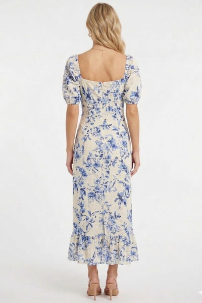 London Times T10471M Ivory Blue Floral Pointelle Puff Sleeve Square Neck A-Line Knit Midi Dress with Slit Detail and Ruffled Detail