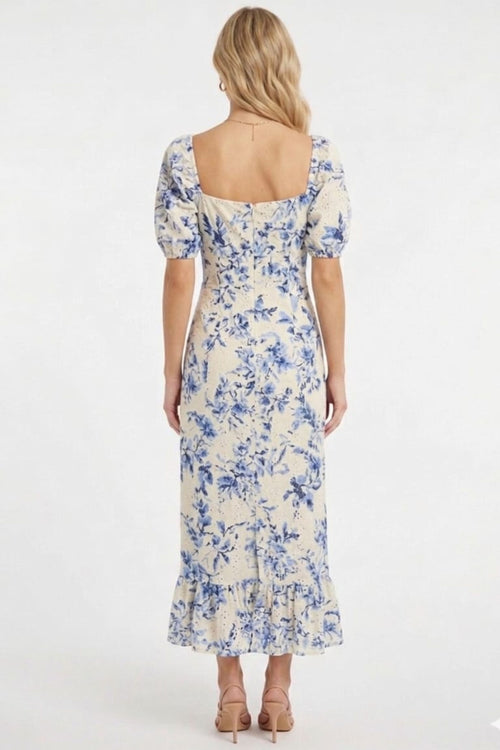London Times T10471M Ivory Blue Floral Pointelle Puff Sleeve Square Neck A-Line Knit Midi Dress with Slit Detail and Ruffled Detail