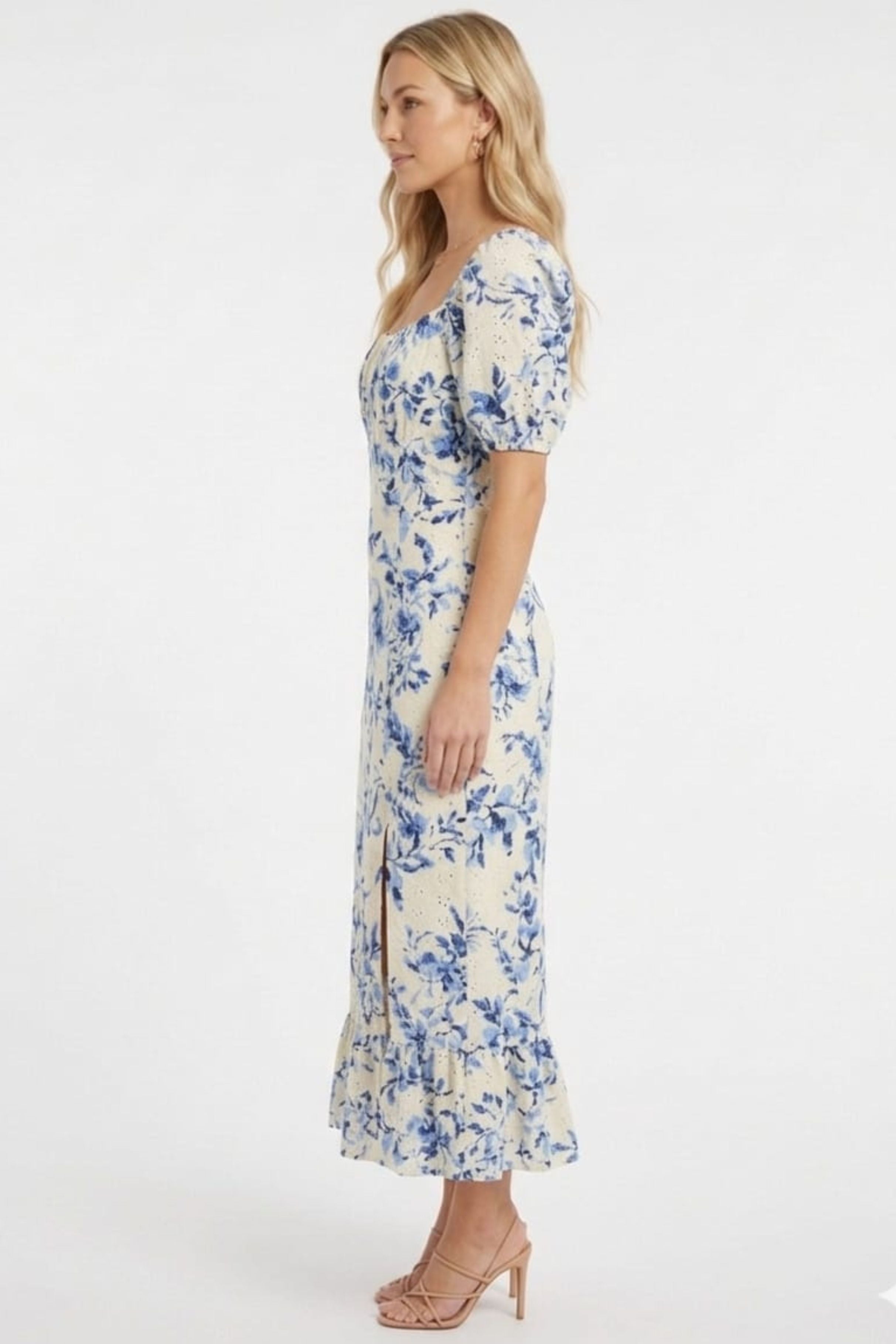 London Times T10471M Ivory Blue Floral Pointelle Puff Sleeve Square Neck A-Line Knit Midi Dress with Slit Detail and Ruffled Detail