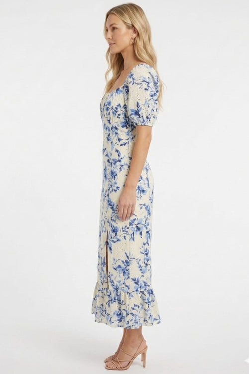 London Times T10471M Ivory Blue Floral Pointelle Puff Sleeve Square Neck A-Line Knit Midi Dress with Slit Detail and Ruffled Detail