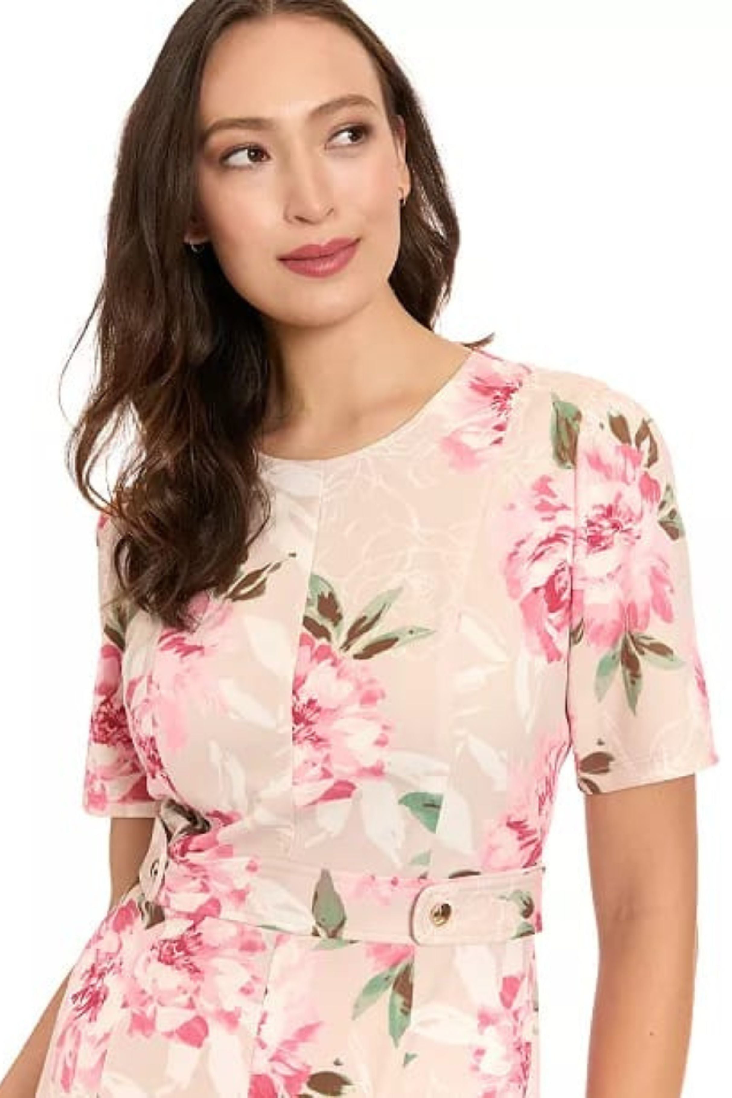 London Times T10472M Sand Rose Floral Scuba Crepe Fit-and-Flare Short Sleeve Jewel Neck A-Line Dress