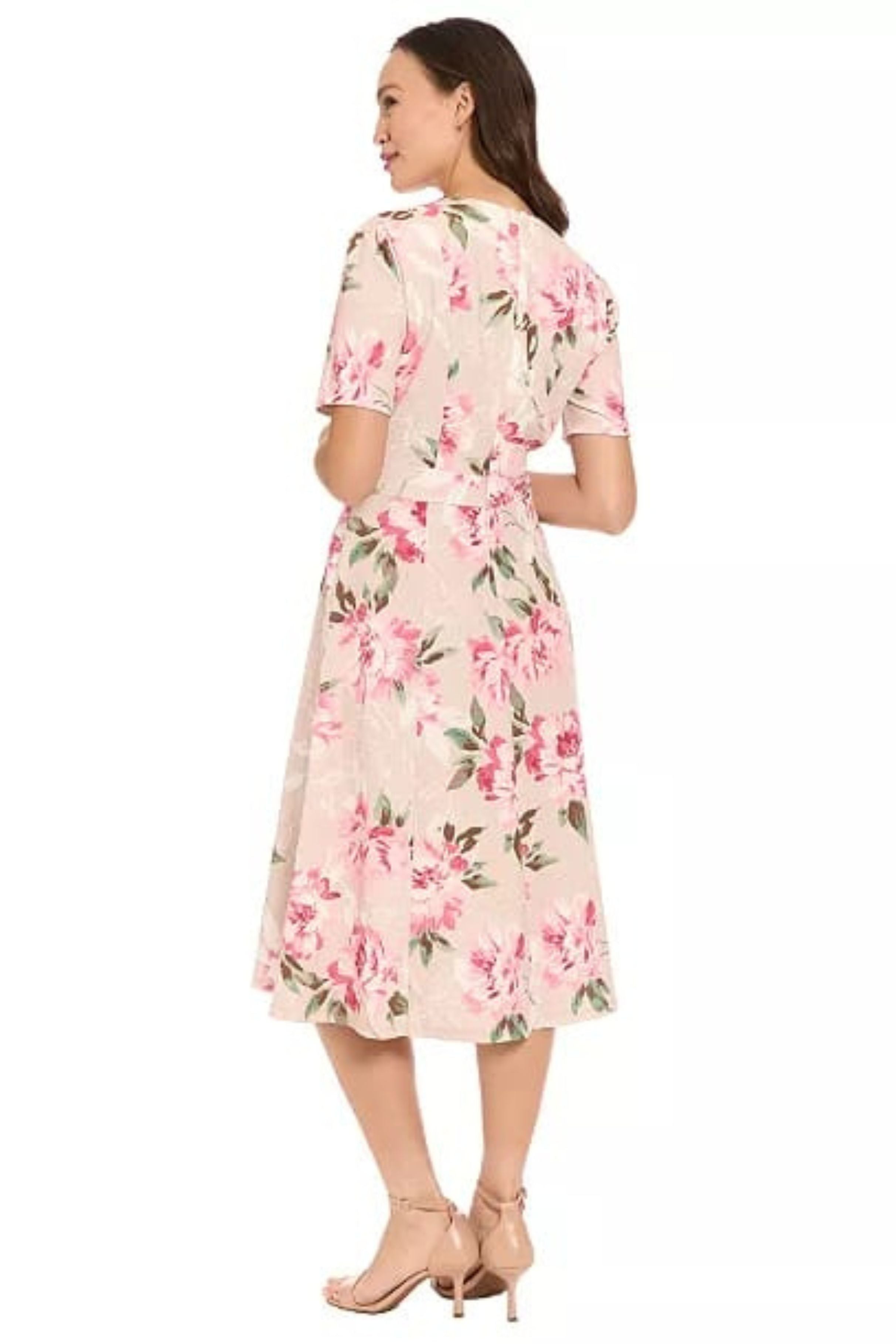 London Times T10472M Sand Rose Floral Scuba Crepe Fit-and-Flare Short Sleeve Jewel Neck A-Line Dress