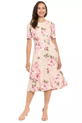 London Times T10472M Sand Rose Floral Scuba Crepe Fit-and-Flare Short Sleeve Jewel Neck A-Line Dress