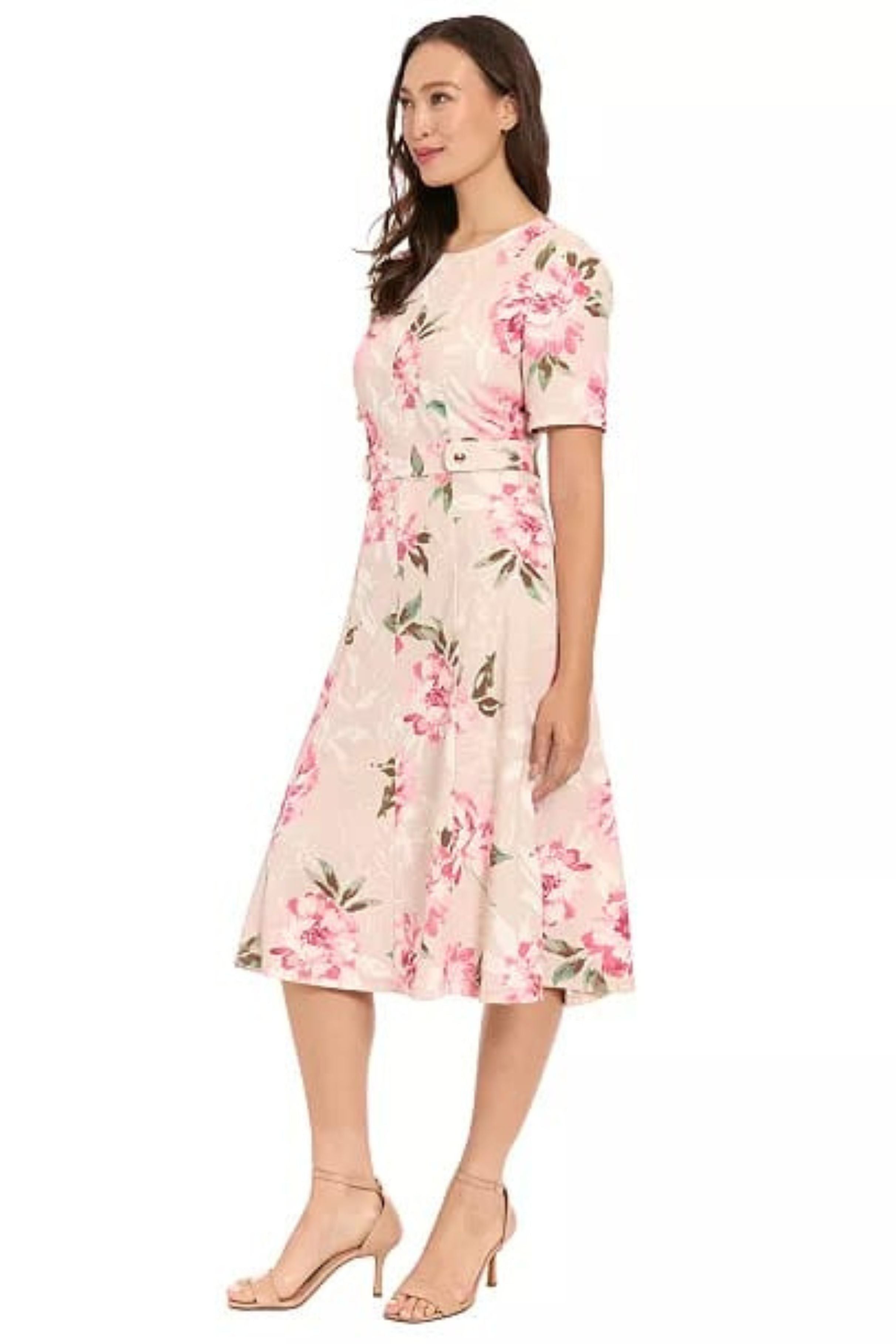 London Times T10472M Sand Rose Floral Scuba Crepe Fit-and-Flare Short Sleeve Jewel Neck A-Line Dress