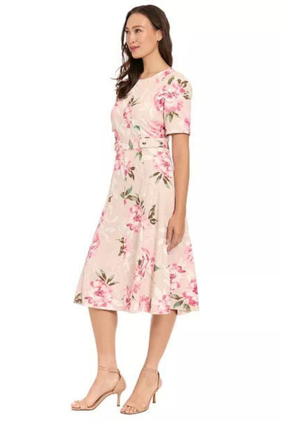 London Times T10472M Sand Rose Floral Scuba Crepe Fit-and-Flare Short Sleeve Jewel Neck A-Line Dress