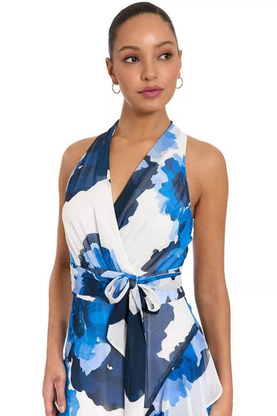 London Times T10473M Soft White Blue Floral Ruffled Faux-Wrap Surplice V-Neck Chiffon Maxi Dress with Floral Print