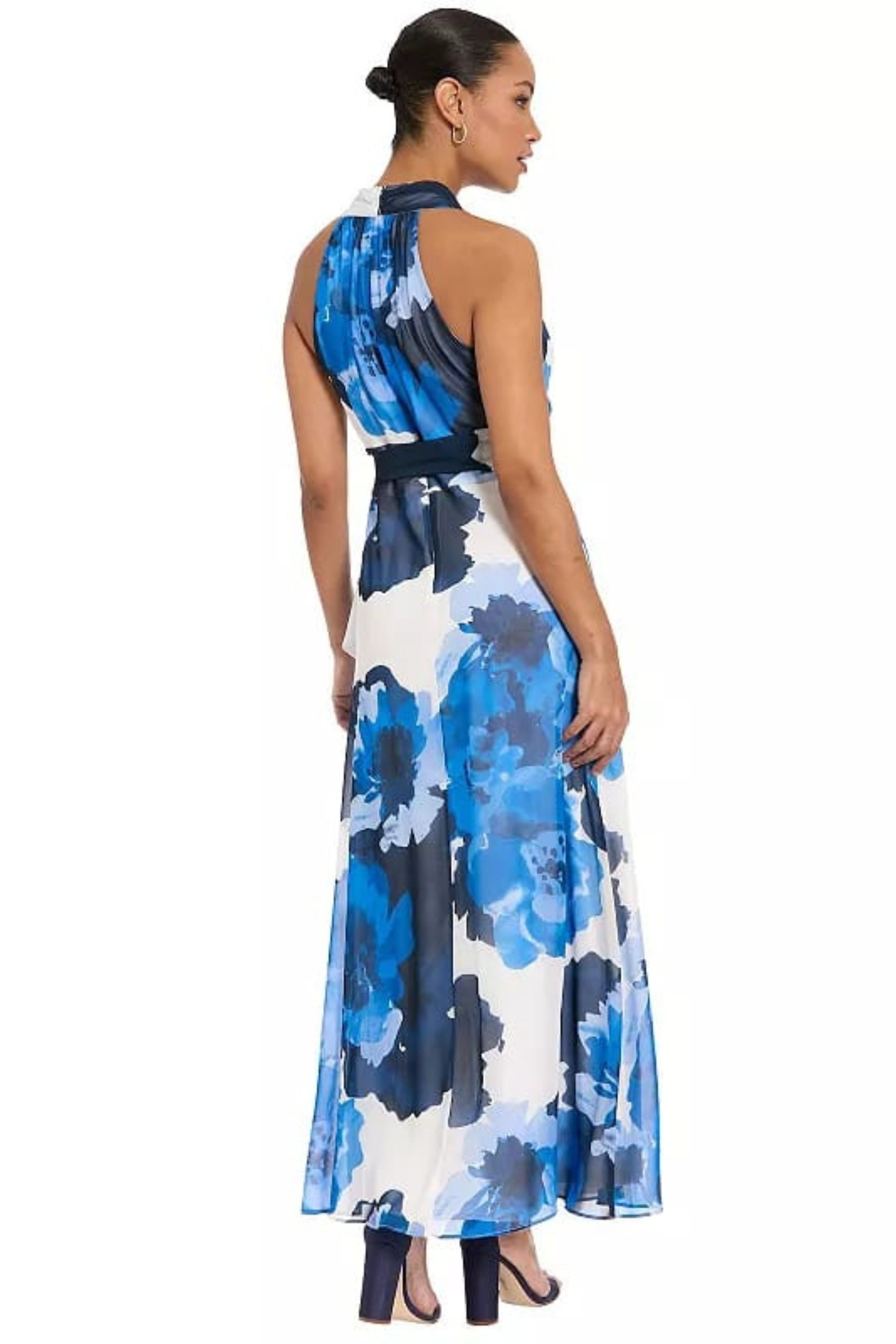 London Times T10473M Soft White Blue Floral Ruffled Faux-Wrap Surplice V-Neck Chiffon Maxi Dress with Floral Print