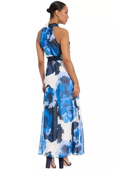 London Times T10473M Soft White Blue Floral Ruffled Faux-Wrap Surplice V-Neck Chiffon Maxi Dress with Floral Print