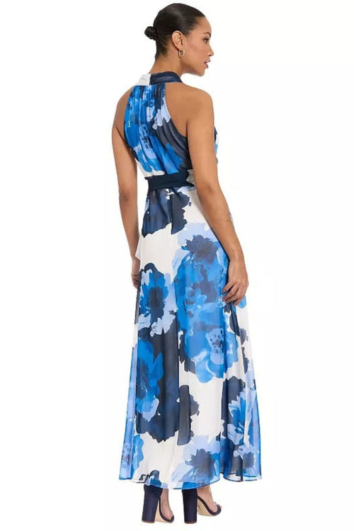 London Times T10473M Soft White Blue Floral Ruffled Faux-Wrap Surplice V-Neck Chiffon Maxi Dress with Floral Print