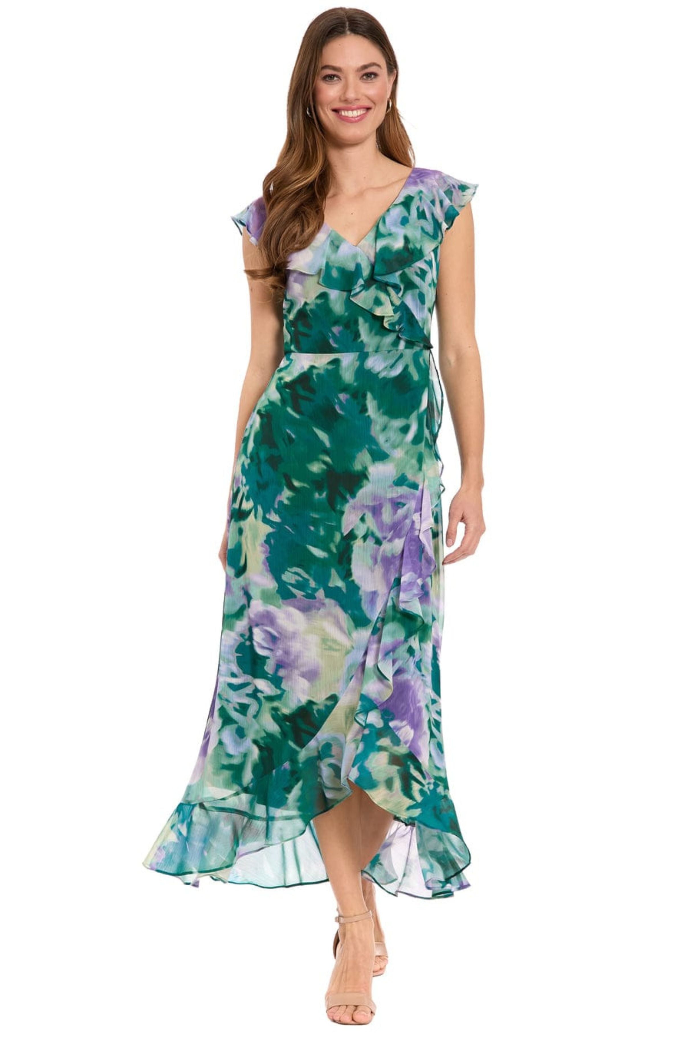 Orchid & Teal Floral Ruffle Chiffon V-Neck Short Flutter Sleeve Floral Print High Low Midi Dress by Maggy London T10485M
