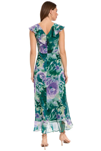 Orchid & Teal Floral Ruffle Chiffon V-Neck Short Flutter Sleeve Floral Print High Low Midi Dress by Maggy London T10485M