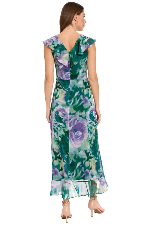 Orchid & Teal Floral Ruffle Chiffon V-Neck Short Flutter Sleeve Floral Print High Low Midi Dress by Maggy London T10485M