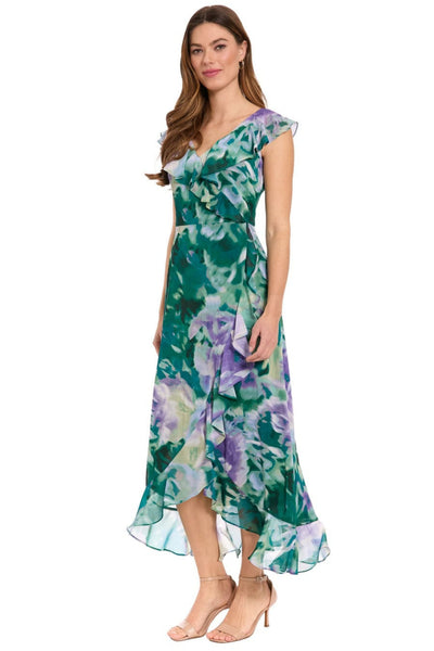 Orchid & Teal Floral Ruffle Chiffon V-Neck Short Flutter Sleeve Floral Print High Low Midi Dress by Maggy London T10485M