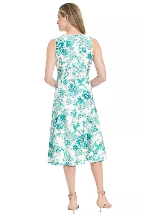 London Times T10495M Soft White & Teal Floral Pointelle Sleeveless A-Line Knit Midi Dress with Ruffled Detail