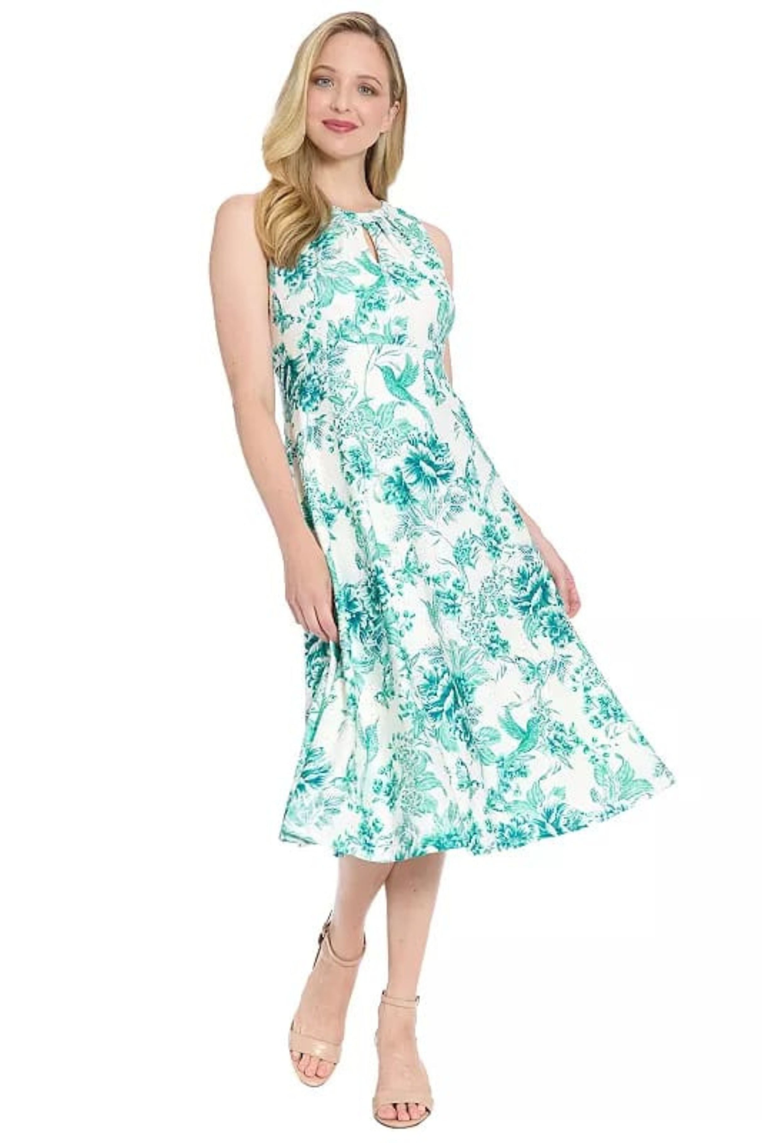 London Times T10495M Soft White & Teal Floral Pointelle Sleeveless A-Line Knit Midi Dress with Ruffled Detail