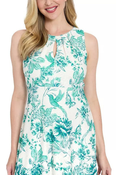 London Times T10495M Soft White & Teal Floral Pointelle Sleeveless A-Line Knit Midi Dress with Ruffled Detail