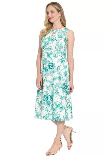 London Times T10495M Soft White & Teal Floral Pointelle Sleeveless A-Line Knit Midi Dress with Ruffled Detail