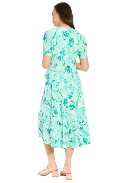 London Times T10497M Floral Pointelle Faux Wrap Short Sleeve Square Neck A-Line Knit Midi Dress with Ruffled Detail