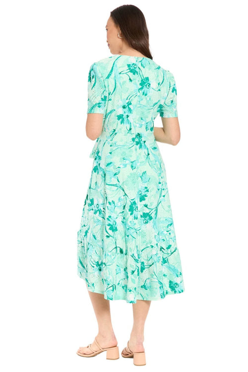 London Times T10497M Floral Pointelle Faux Wrap Short Sleeve Square Neck A-Line Knit Midi Dress with Ruffled Detail
