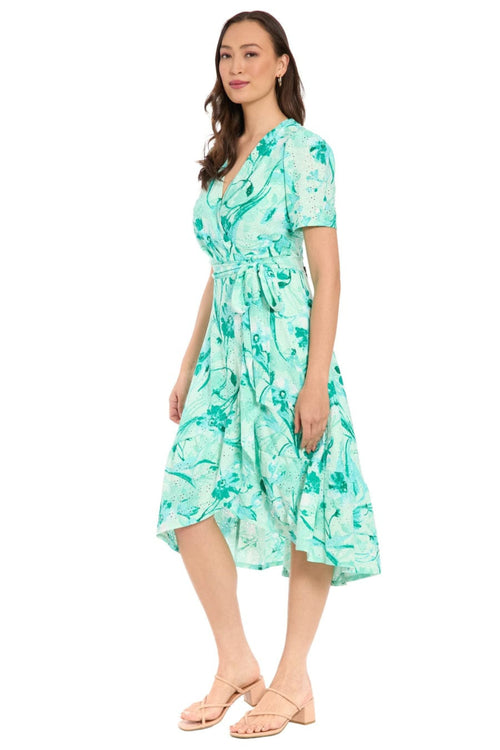 London Times T10497M Floral Pointelle Faux Wrap Short Sleeve Square Neck A-Line Knit Midi Dress with Ruffled Detail