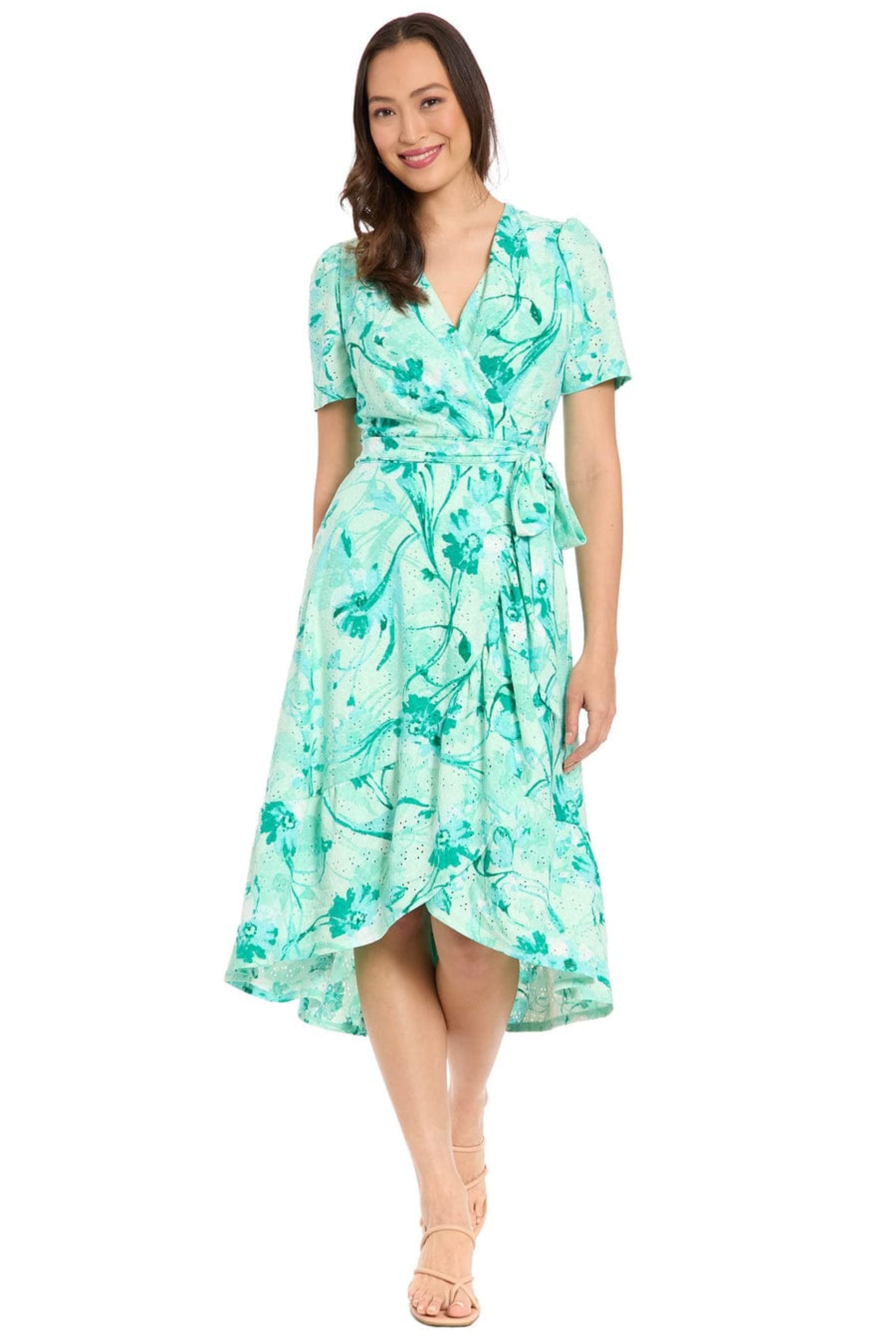 London Times T10497M Floral Pointelle Faux Wrap Short Sleeve Square Neck A-Line Knit Midi Dress with Ruffled Detail