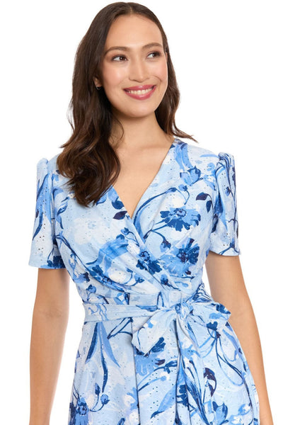 London Times T10497M Floral Pointelle Faux Wrap Short Sleeve Square Neck A-Line Knit Midi Dress with Ruffled Detail