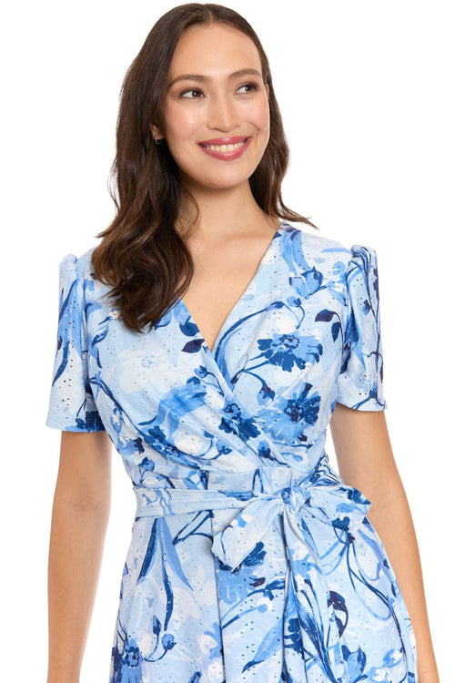 London Times T10497M Floral Pointelle Faux Wrap Short Sleeve Square Neck A-Line Knit Midi Dress with Ruffled Detail