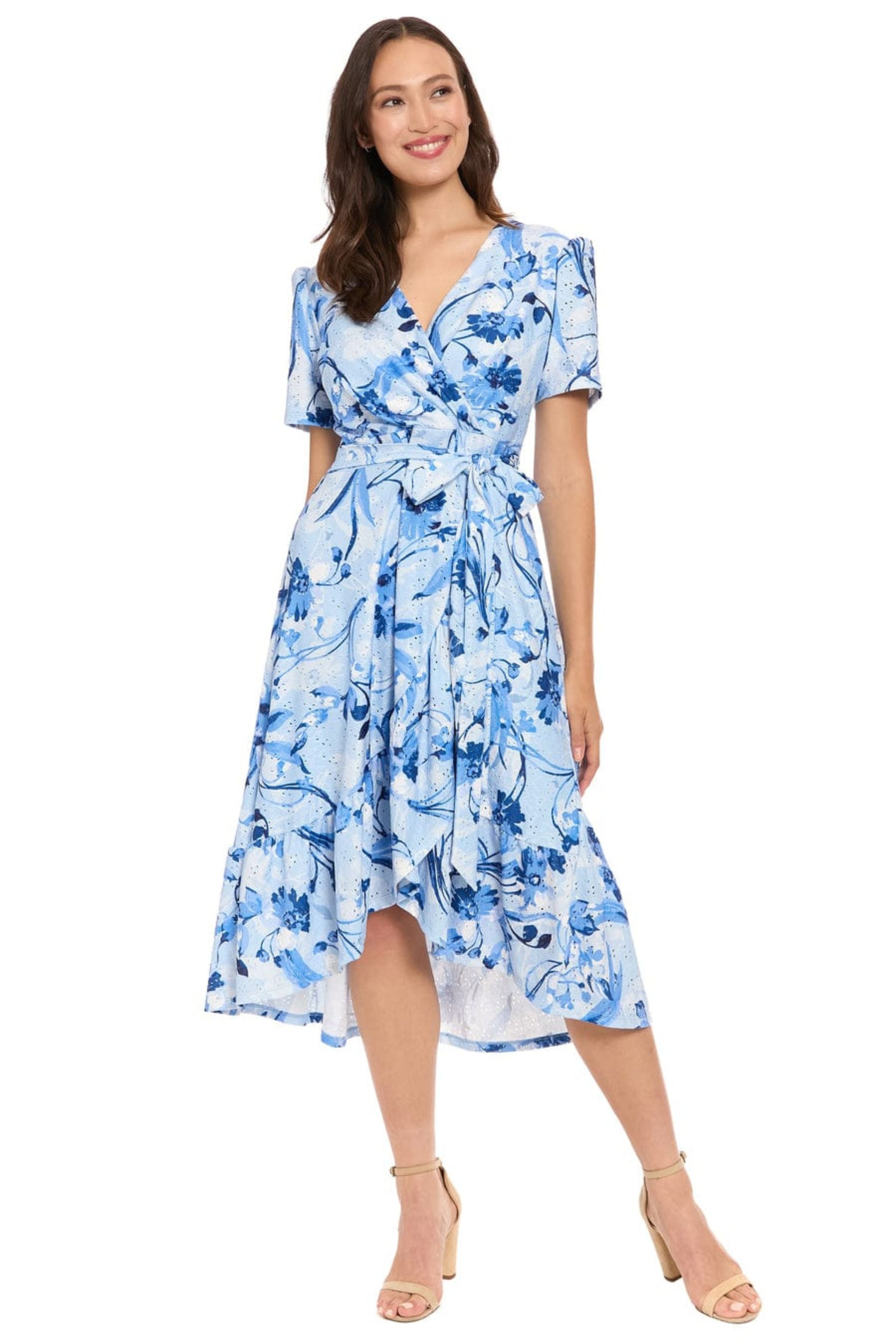 London Times T10497M Floral Pointelle Faux Wrap Short Sleeve Square Neck A-Line Knit Midi Dress with Ruffled Detail