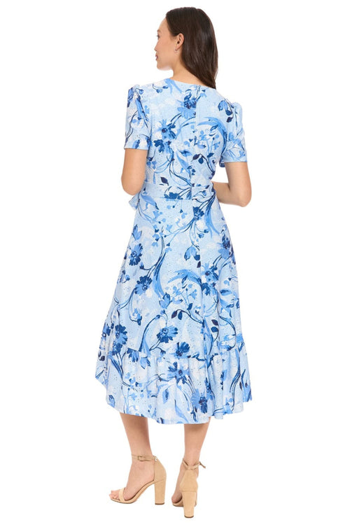 London Times T10497M Floral Pointelle Faux Wrap Short Sleeve Square Neck A-Line Knit Midi Dress with Ruffled Detail
