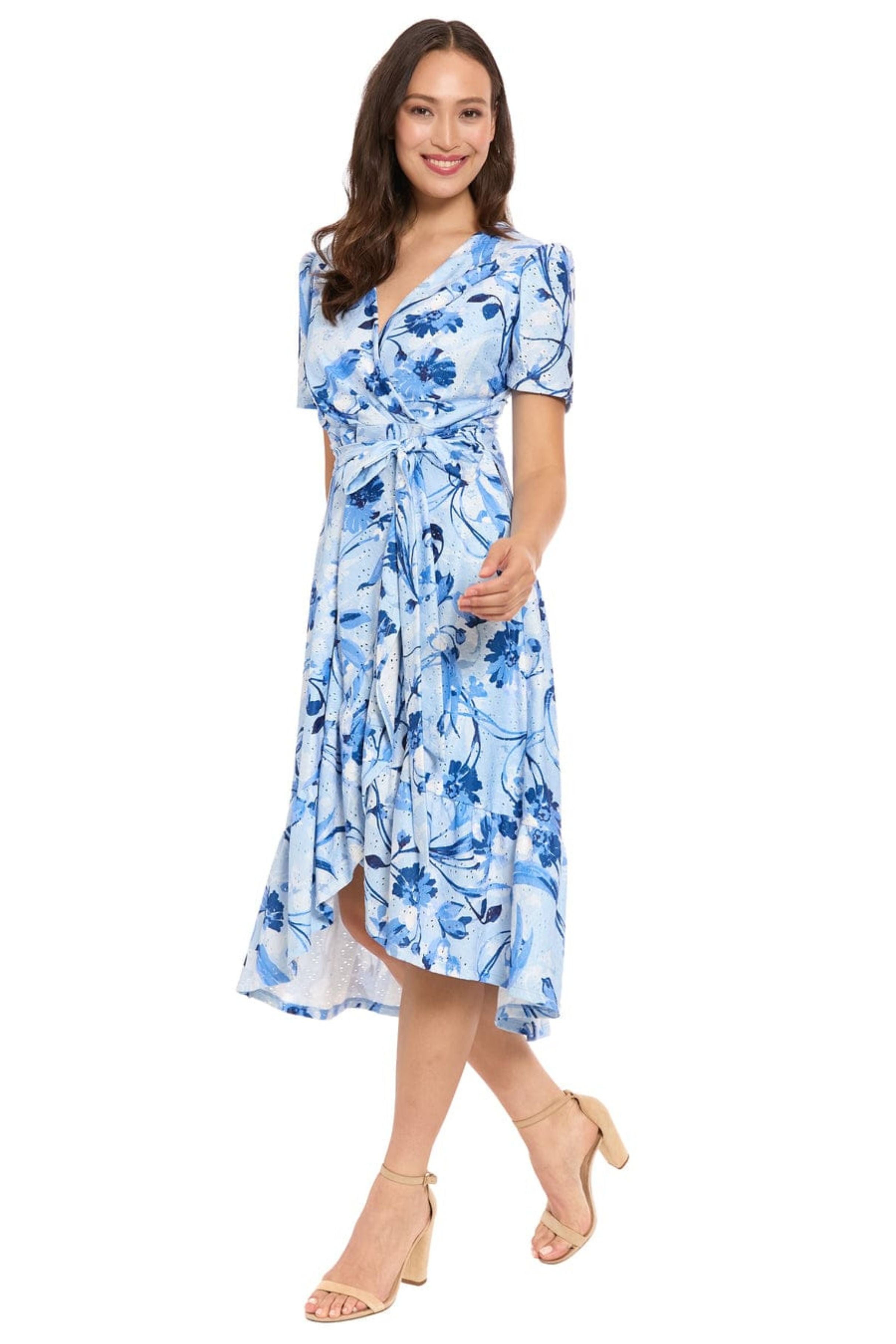 London Times T10497M Floral Pointelle Faux Wrap Short Sleeve Square Neck A-Line Knit Midi Dress with Ruffled Detail