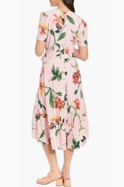 London Times T10498M Floral Pointelle Faux Wrap Short Sleeve Square Neck A-Line Knit Midi Dress with Ruffled Detail
