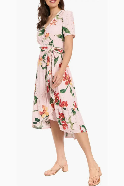 London Times T10498M Floral Pointelle Faux Wrap Short Sleeve Square Neck A-Line Knit Midi Dress with Ruffled Detail