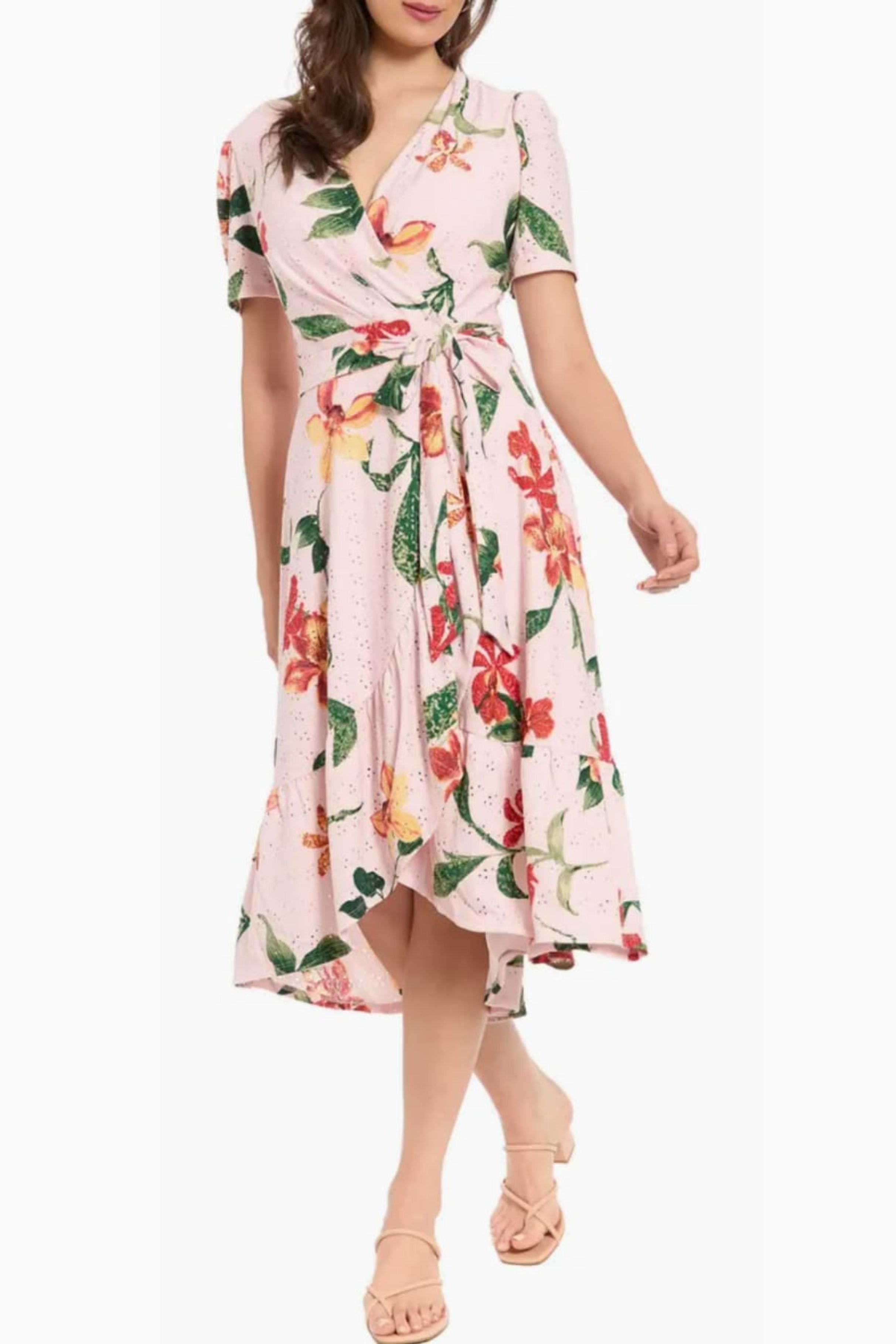 London Times T10498M Floral Pointelle Faux Wrap Short Sleeve Square Neck A-Line Knit Midi Dress with Ruffled Detail