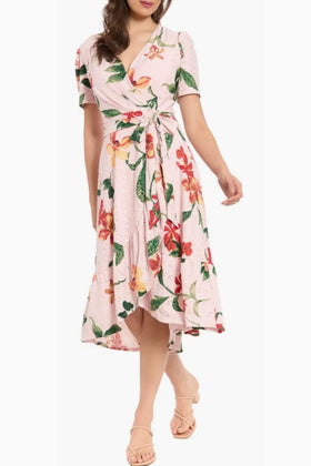 London Times T10498M Floral Pointelle Faux Wrap Short Sleeve Square Neck A-Line Knit Midi Dress with Ruffled Detail