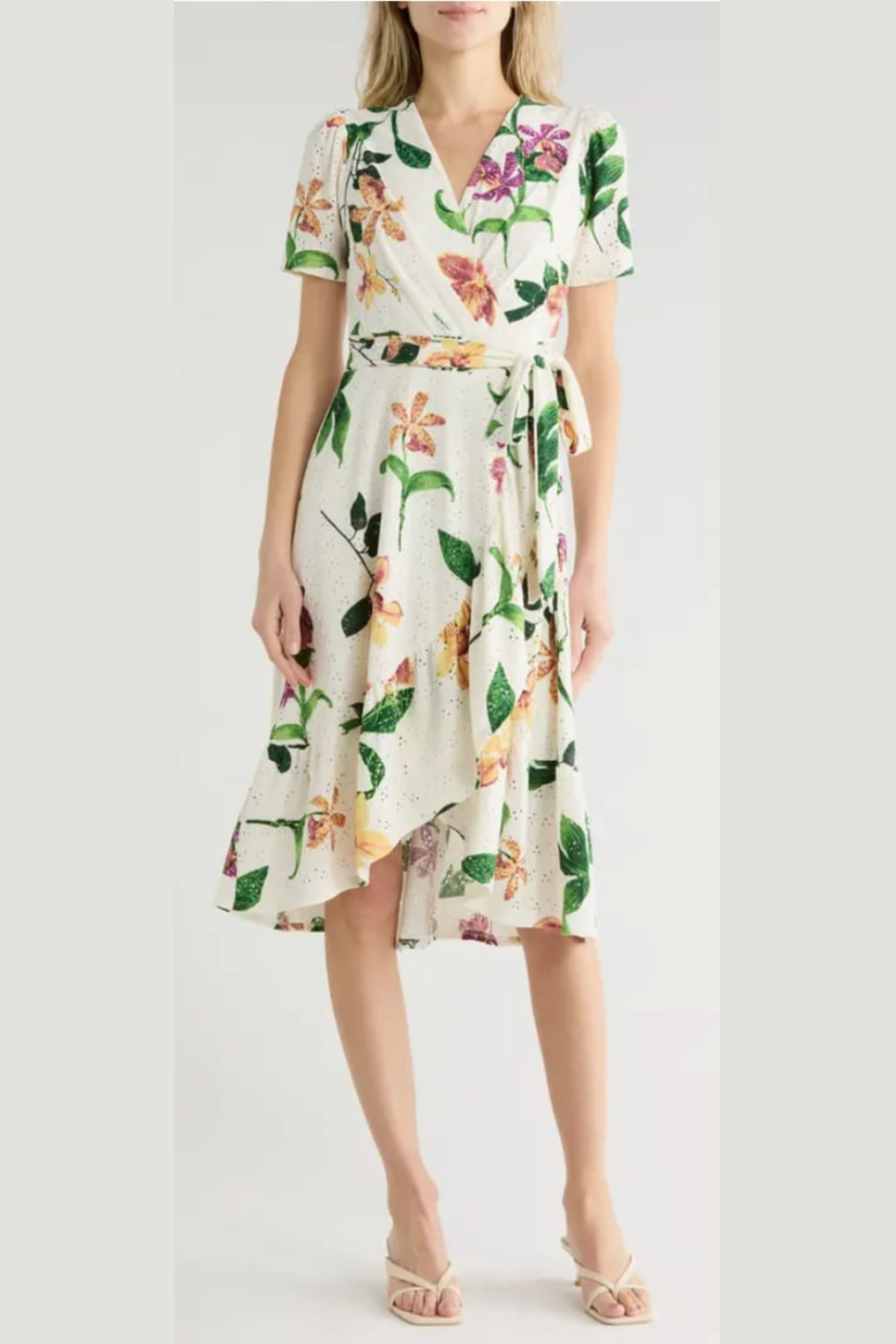 London Times T10498M Floral Pointelle Faux Wrap Short Sleeve Square Neck A-Line Knit Midi Dress with Ruffled Detail