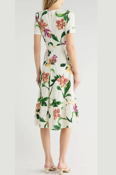 London Times T10498M Floral Pointelle Faux Wrap Short Sleeve Square Neck A-Line Knit Midi Dress with Ruffled Detail